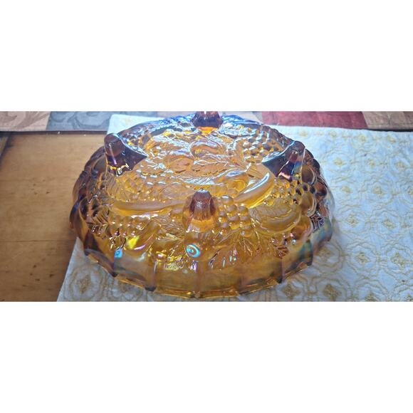 Carnival Glass 12" Oval 4- Footed Fruit Bowl- Amber- Fruit Motif- Indiana Glass - Picture 3 of 10